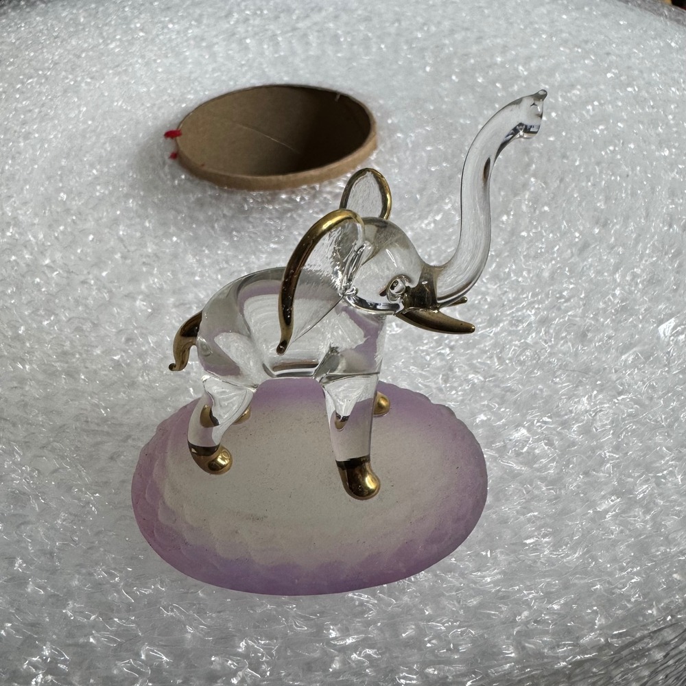 Vintage Clear Glass Elephant Figurine Gold Accents on Purple Frosted‎ Glass Base